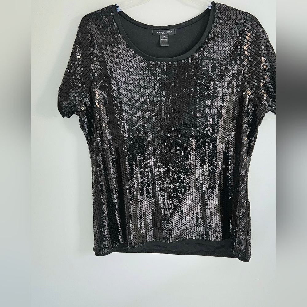 August Silk Sequin Black Top Short Sleeve